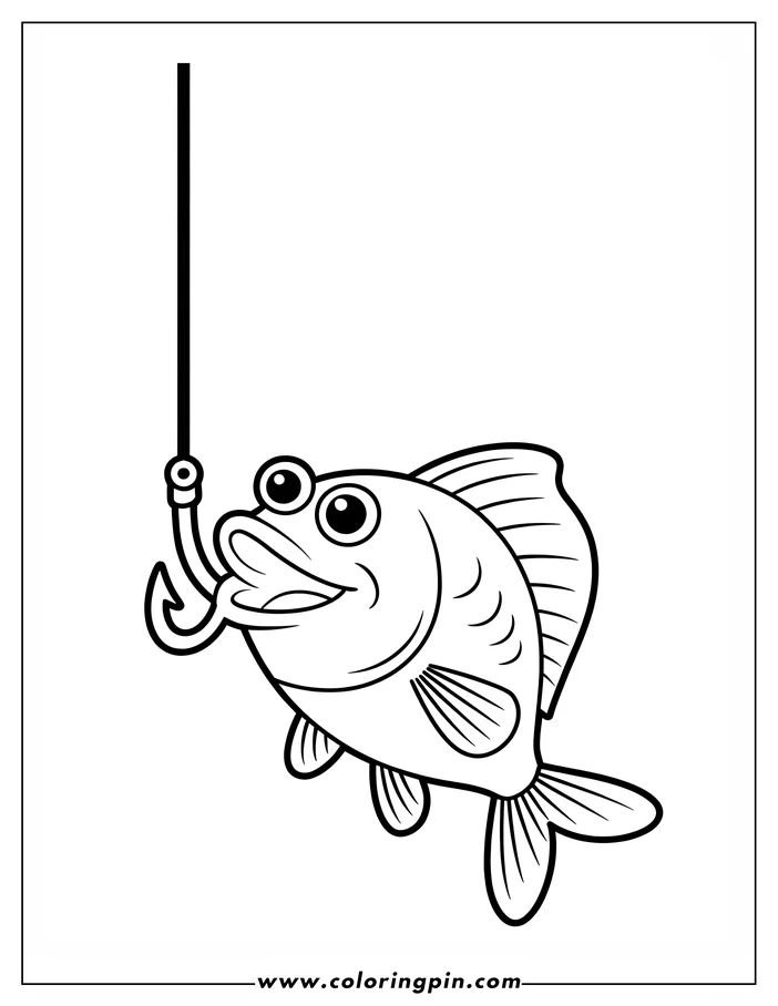 Cartoon fish looking at a fishing hook, mouth open