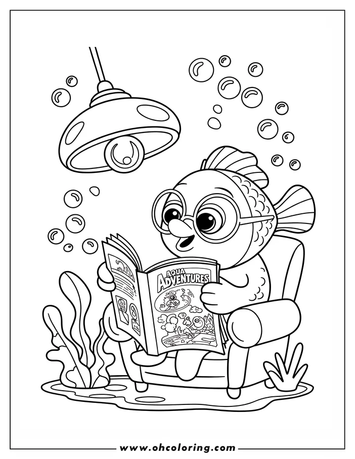 Line art of a fish wearing glasses, sitting in an armchair and reading an 'Aqua Adventures' magazine, with bubbles and seaweed around.