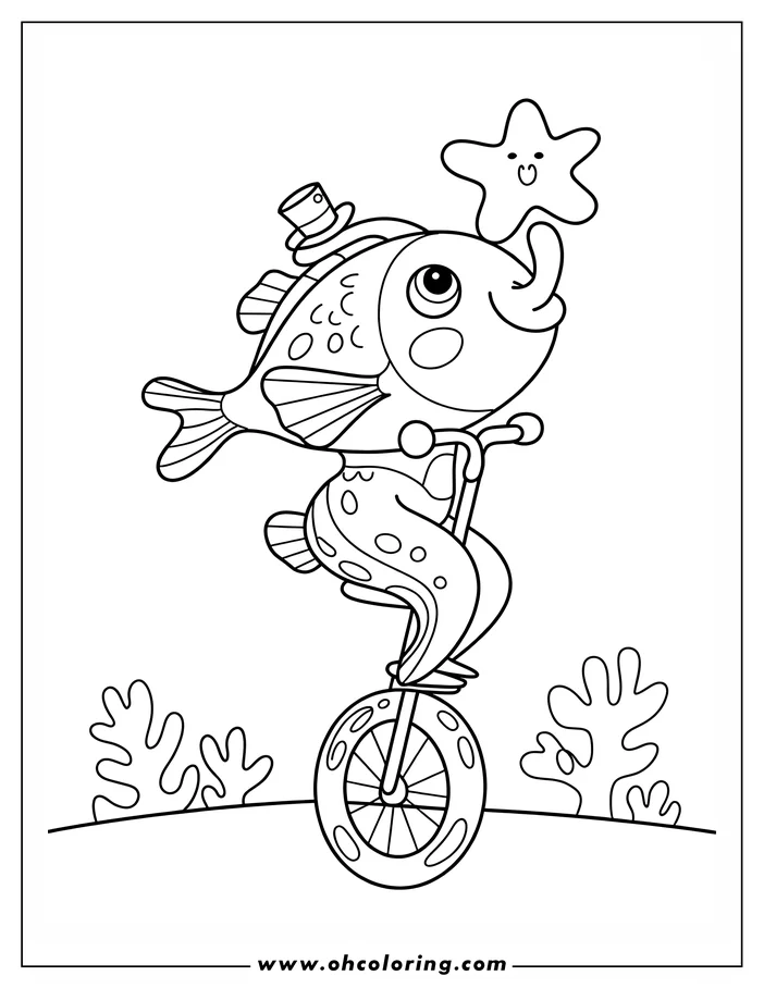 Line art of a cartoon fish balancing on a unicycle with a starfish overhead.