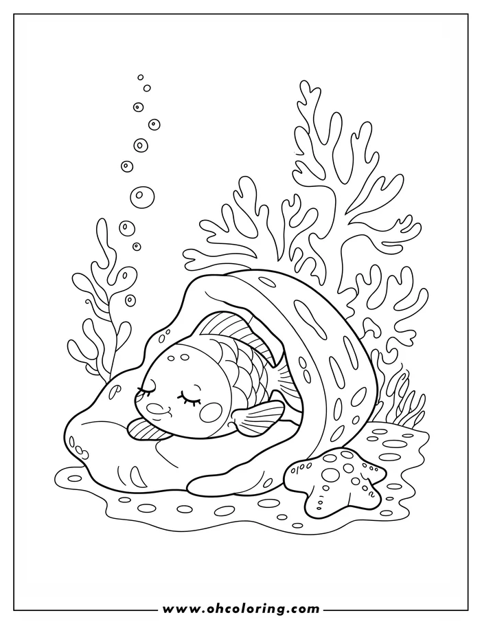 Outline of a cute fish sleeping under coral, with a starfish and seaweed nearby.