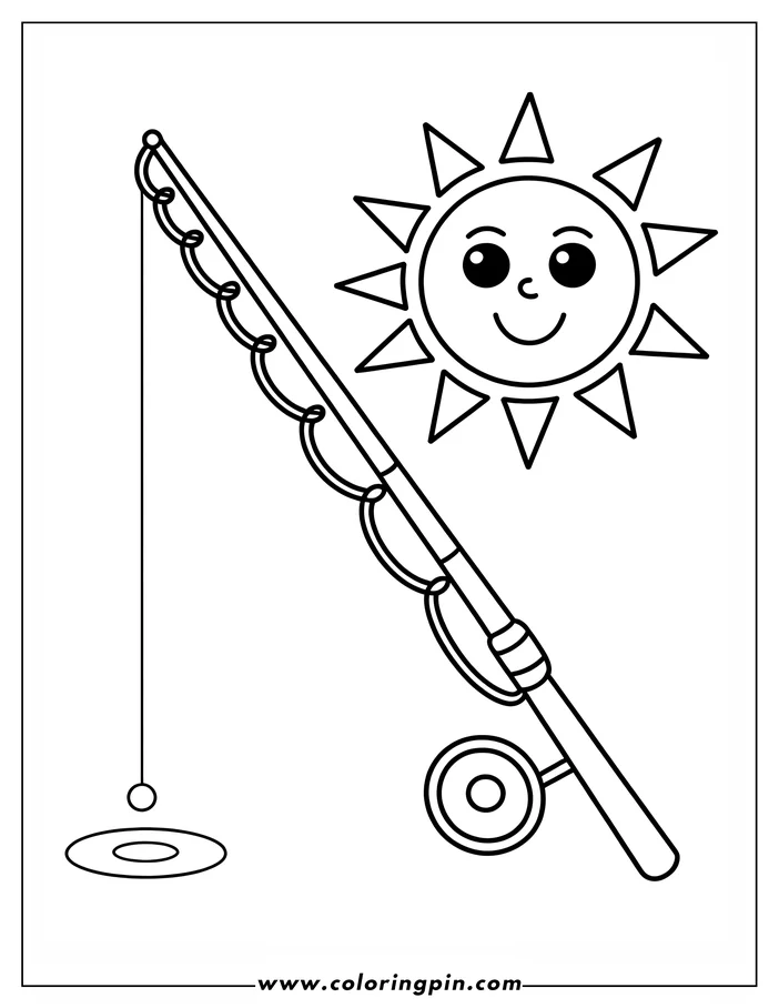 Outline of a fishing rod with its line in the water and a smiling sun overhead