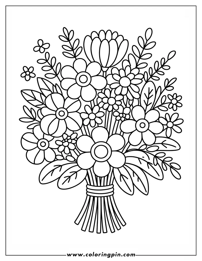 Line art of a tied bouquet of assorted flowers and leaves.