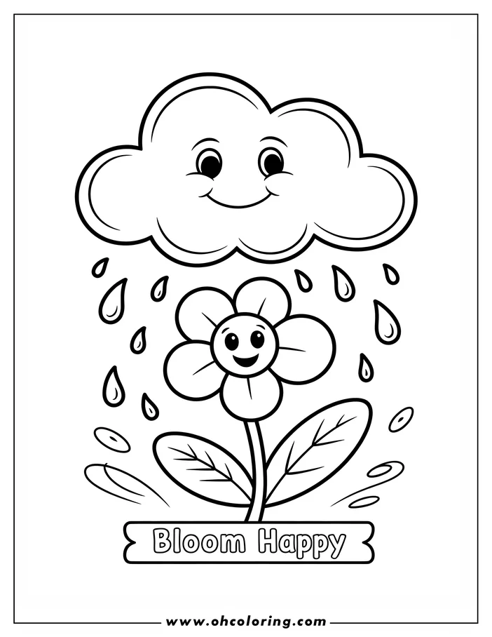Outline of a smiling flower with two leaves, receiving rain from a smiling cloud.