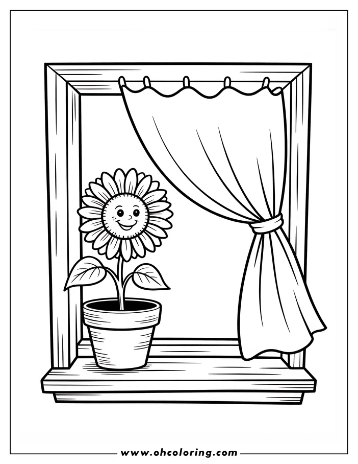 Line art of a smiling flower in a pot on a windowsill with a curtain