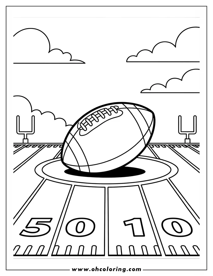 Line art of a football placed on the 50-yard line of a football field, goal posts in the background.