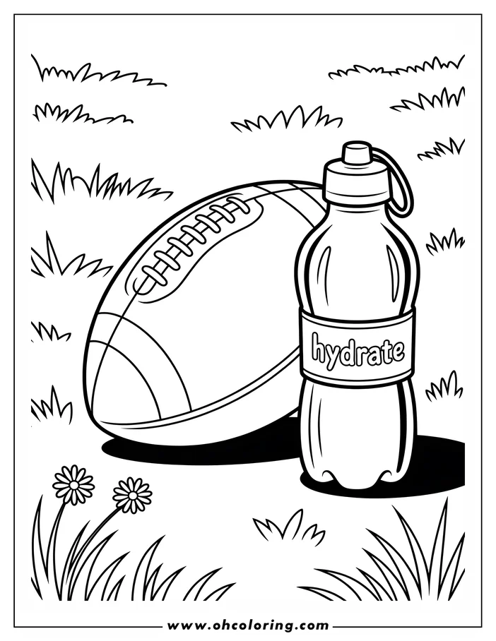 Line art of a football and a water bottle in the grass with nearby flowers.