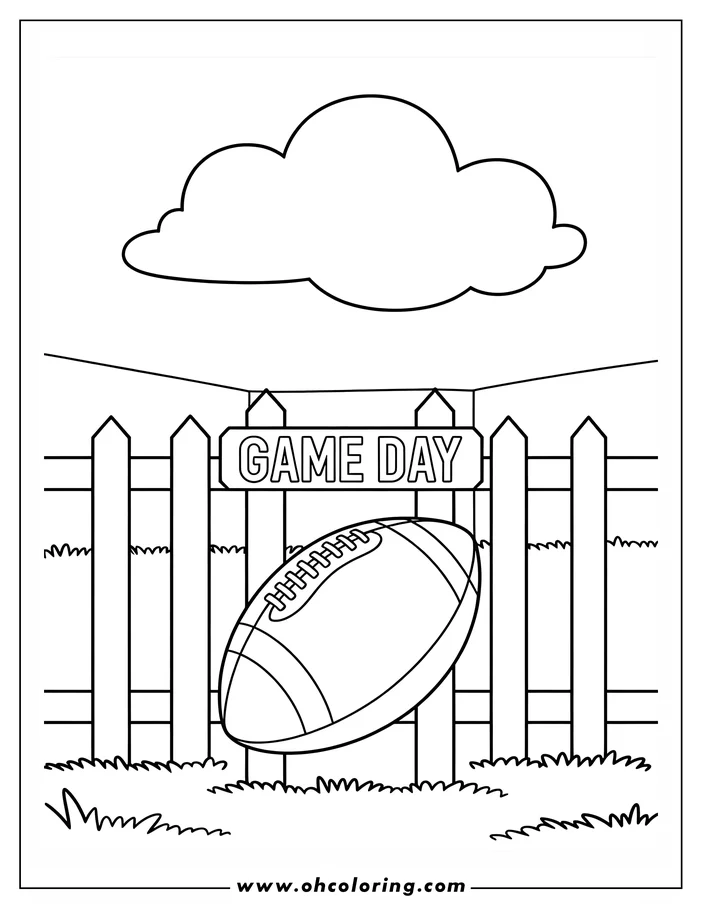 Line art of a football leaning against a fence with a 'Game Day' sign, ready for coloring.
