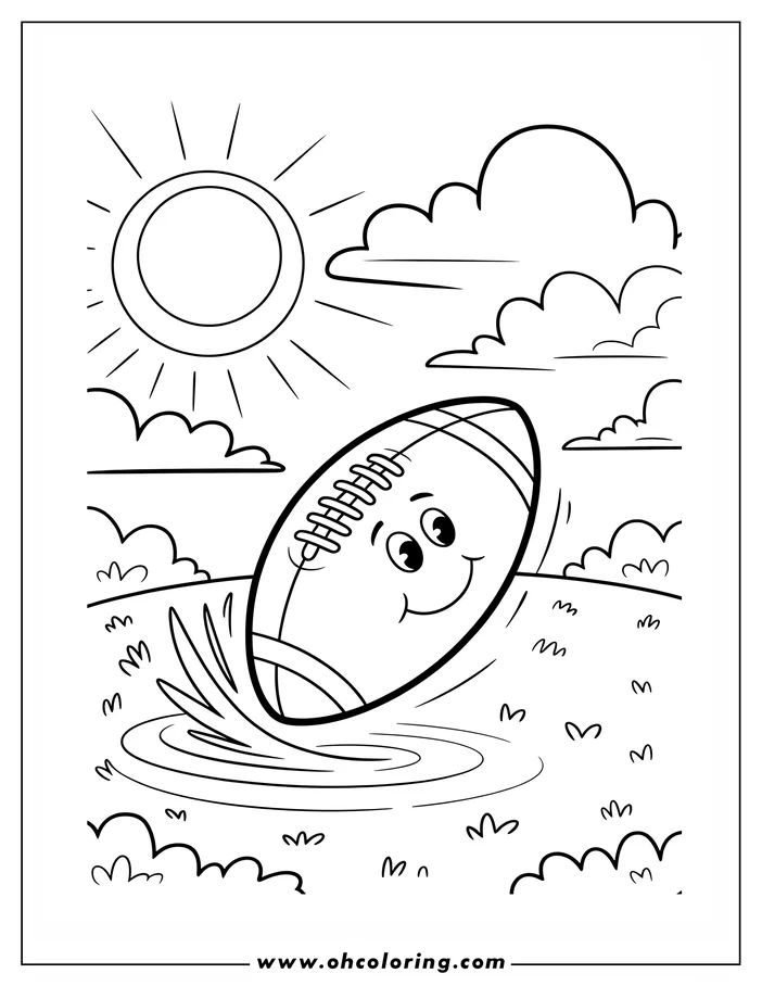 Cartoon football landing in water with grass, bushes, clouds and sun.