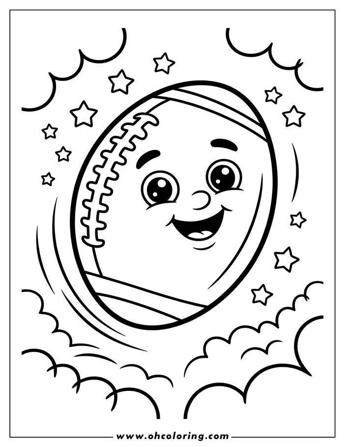 Line art of a smiling, anthropomorphic football soaring amongst stars and clouds.