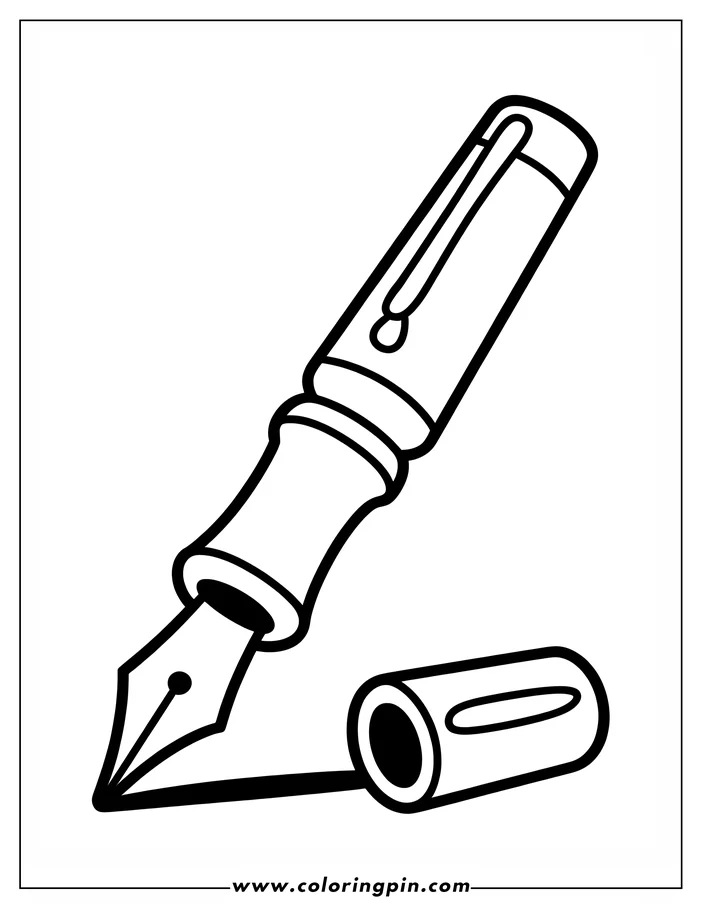 Line art of a fountain pen with its cap. The pen is positioned diagonally with the nib pointing down and left, and the cap lies horizontally beside it.