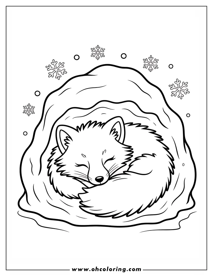 Line art of a fox curled up asleep in its den. The fox has a fluffy tail and closed eyes. Snowflakes and circles suggest a wintery scene. This is a coloring sheet design, ready for kids to add their own colors.