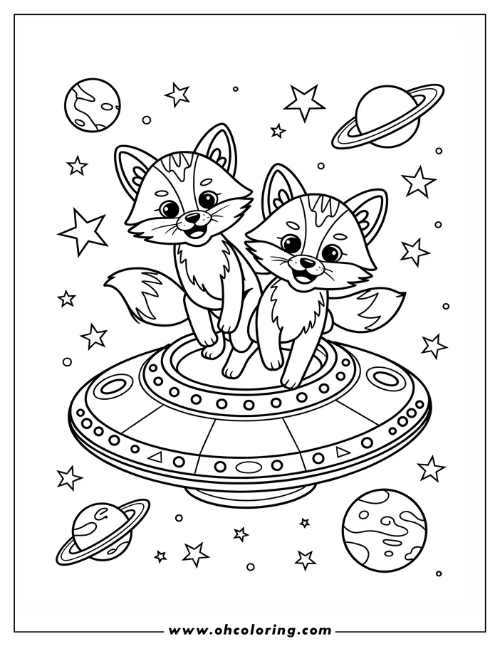 Two foxes standing on a spaceship surrounded by planets and stars.