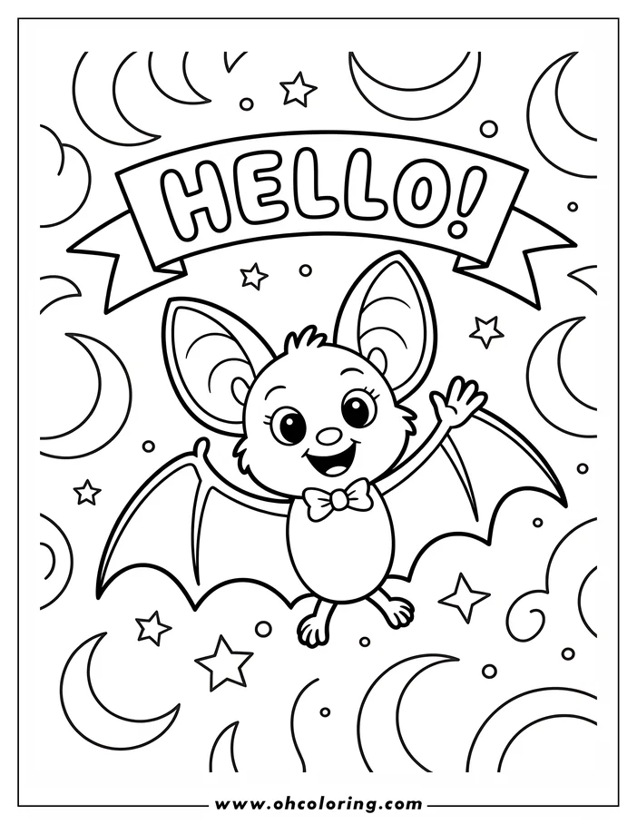 A friendly cartoon bat with a bow tie waves hello in a night sky filled with stars and crescent moons. This simple, cheerful line art is perfect for a coloring sheet.
