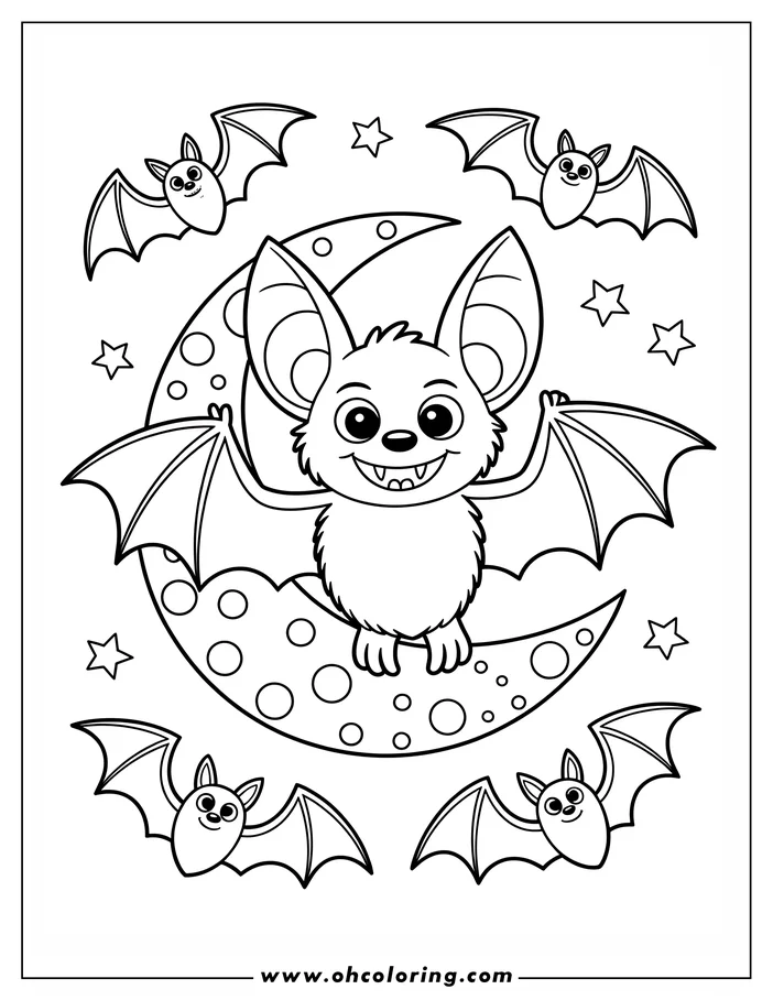 Line art of a friendly cartoon bat flying in front of a crescent moon with stars. Several other bats are also present, creating a fun and spooky Halloween coloring page design.