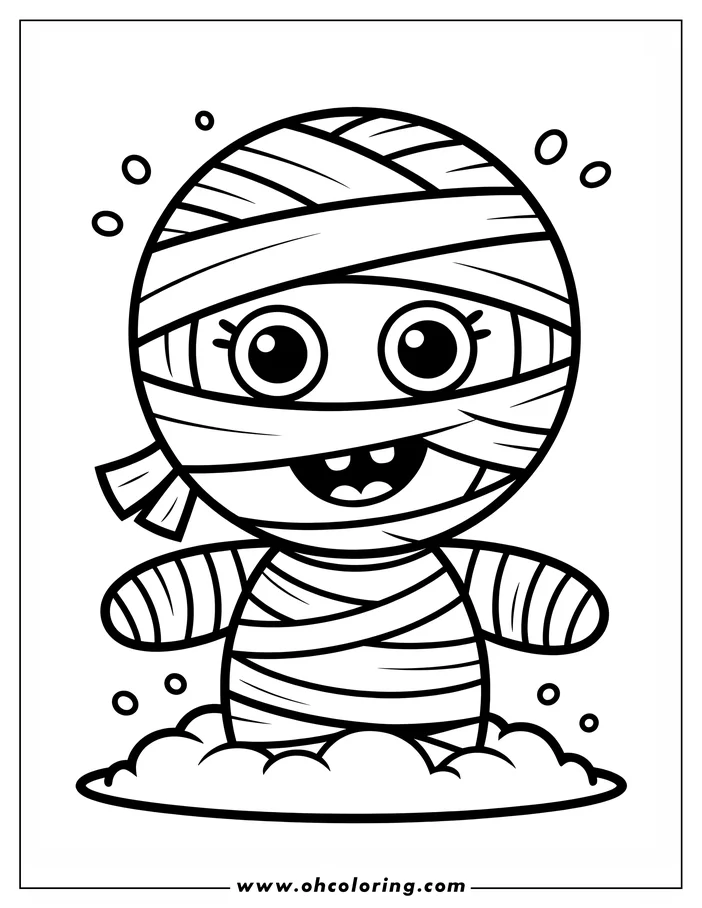 Line art of a friendly cartoon mummy emerging from its tomb. The mummy has large, expressive eyes and a cheerful grin. Its wrappings are slightly loose, and small, round shapes suggest dust motes floating around it, designed as a coloring sheet.