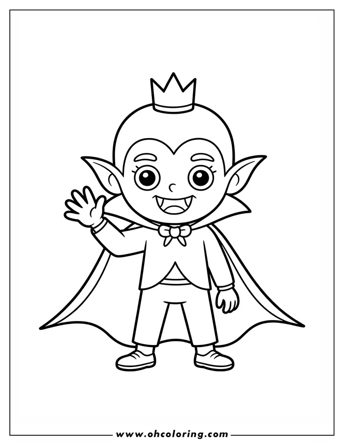 Line art of a friendly cartoon vampire wearing a crown and cape. The vampire is waving with a cheerful smile. This coloring sheet design is perfect for kids.