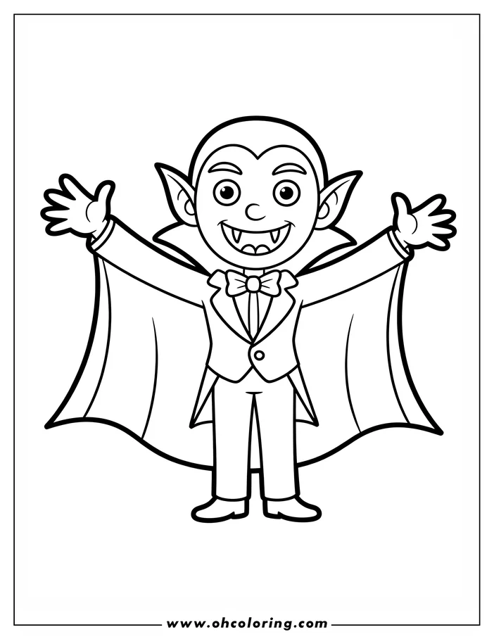Line art of a friendly cartoon vampire, arms open wide, wearing a cape and a suit with a bow tie. This is a coloring sheet design perfect for Halloween or vampire fans.