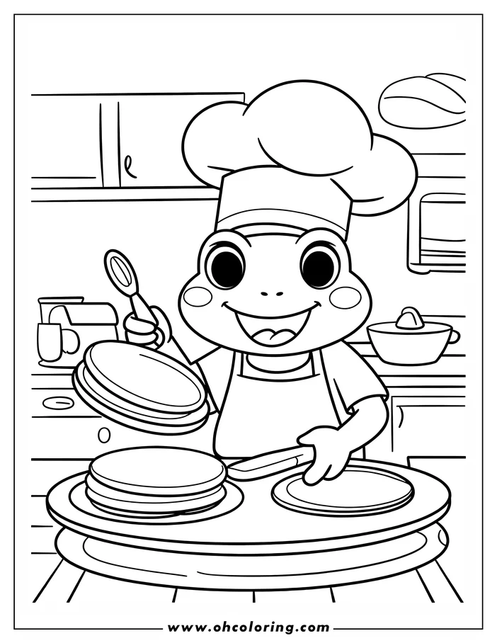 Outline of a cartoon frog chef flipping pancakes in a kitchen setting.  The frog is wearing an apron and chef's hat and has a happy expression.