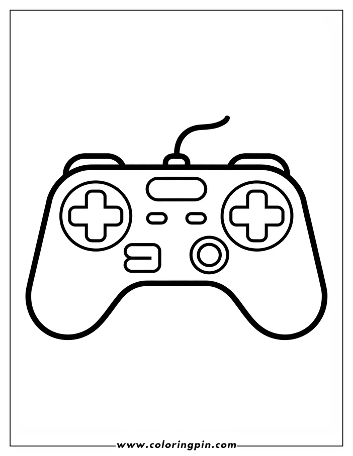 Outline of a game controller with buttons, directional pad and a cord.