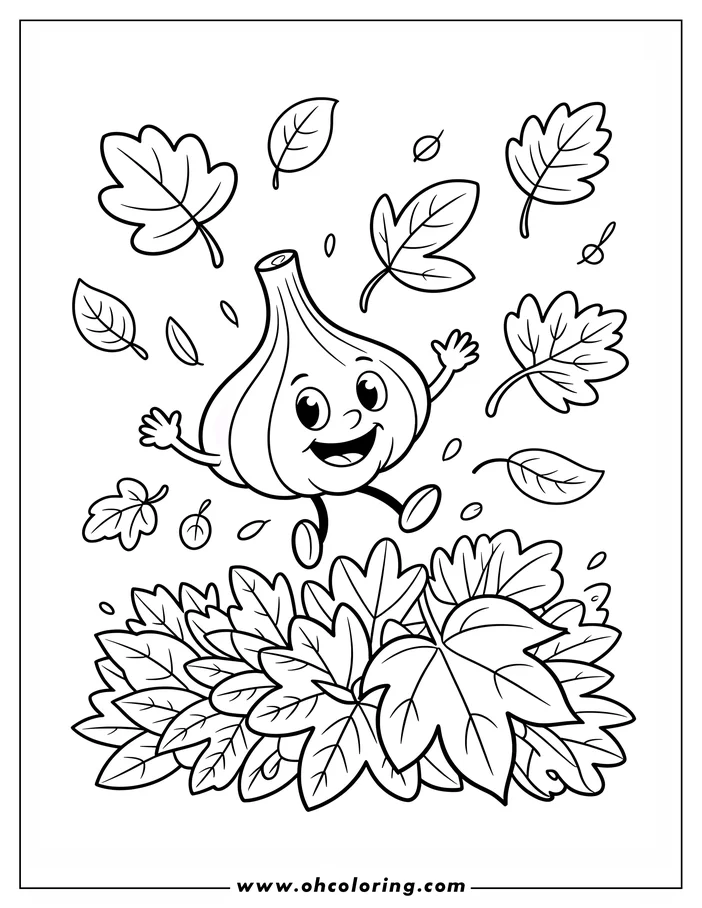A cheerful cartoon garlic bulb, with arms and legs, jumps playfully among falling autumn leaves in this simple coloring page design. Several different leaf shapes are depicted.