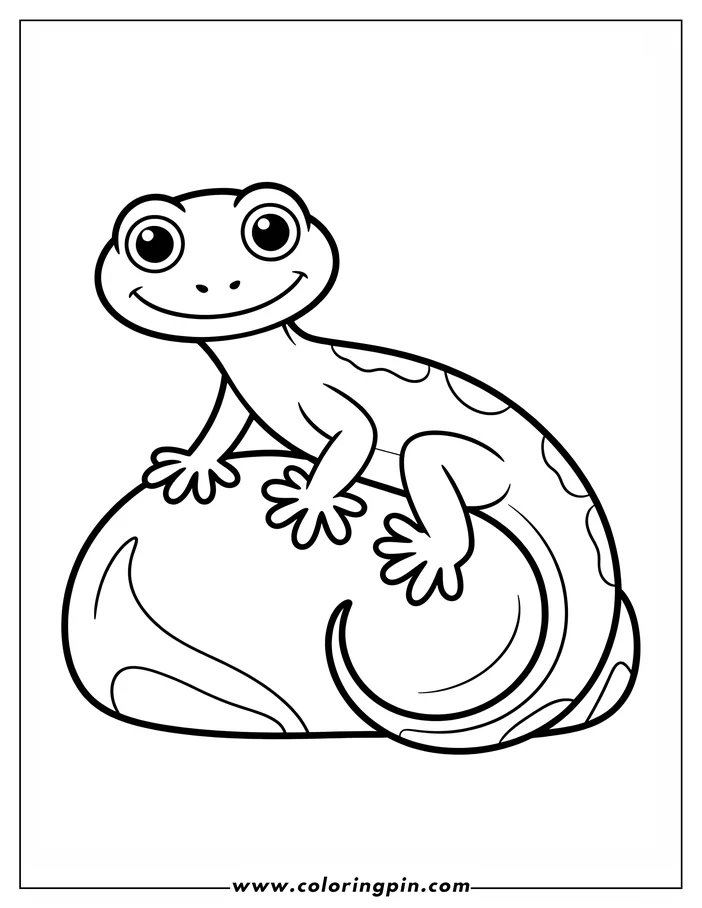 Outline of a cartoon gecko sitting on a rock.