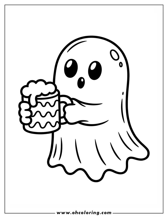 Line art of a cartoon ghost holding a mug of beer. The ghost has a surprised expression. This is a coloring sheet design.