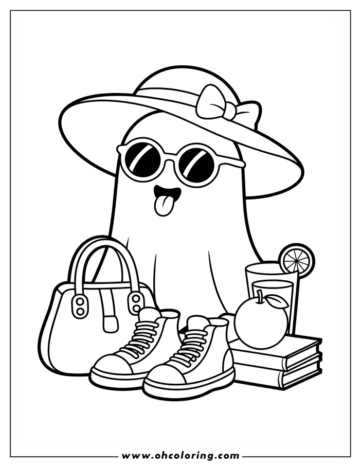 Line art of a cartoon ghost wearing a wide-brimmed hat and sunglasses. The ghost appears to have accessories like a purse, shoes, a drink, and books. This is a drawing for a coloring sheet.