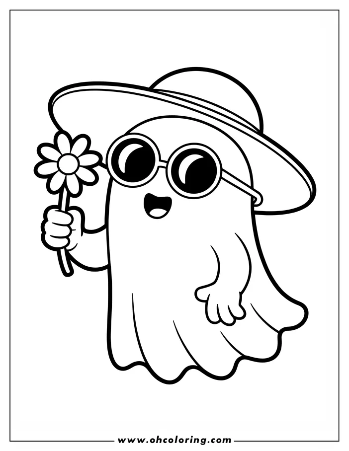 Line art of a friendly cartoon ghost holding a daisy. The ghost wears a large sun hat and round sunglasses. This simple, jovial design is perfect for a coloring sheet.