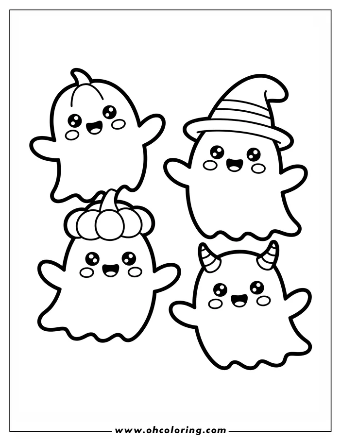 Line art of four Halloween ghosts dressed in various costumes, including pumpkin heads, a witch's hat, and devil horns. Each ghost has a cheerful expression in this simple coloring page design.