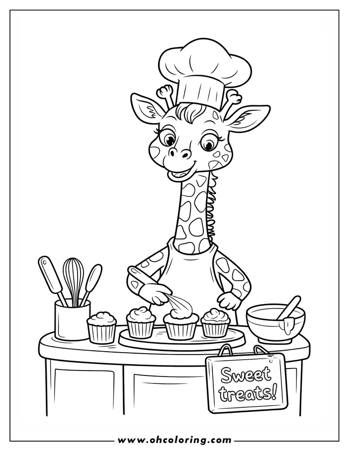 Outline of a cheerful giraffe wearing a chef's hat and apron, decorating cupcakes on a table with baking tools.