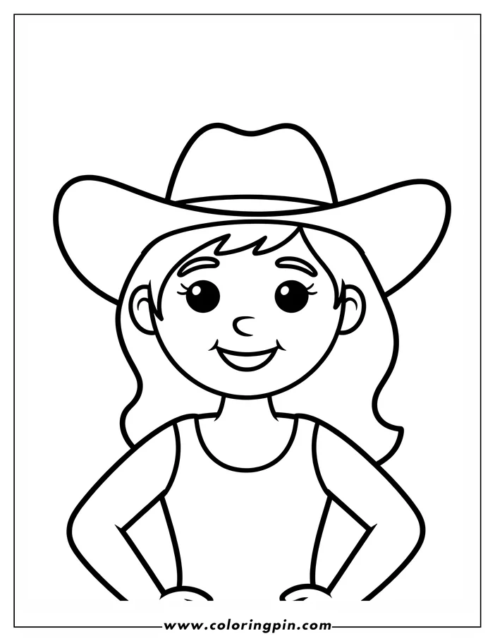 Line art of a girl wearing a cowboy hat and smiling. She has wavy hair and is wearing a tank top.