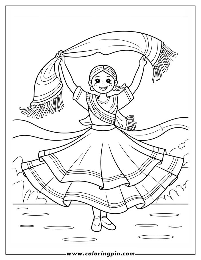 Line art of a girl twirling in a long, tiered dress, holding a fringed shawl above her head