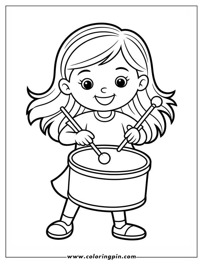 Line art of a girl happily playing a drum with drumsticks.