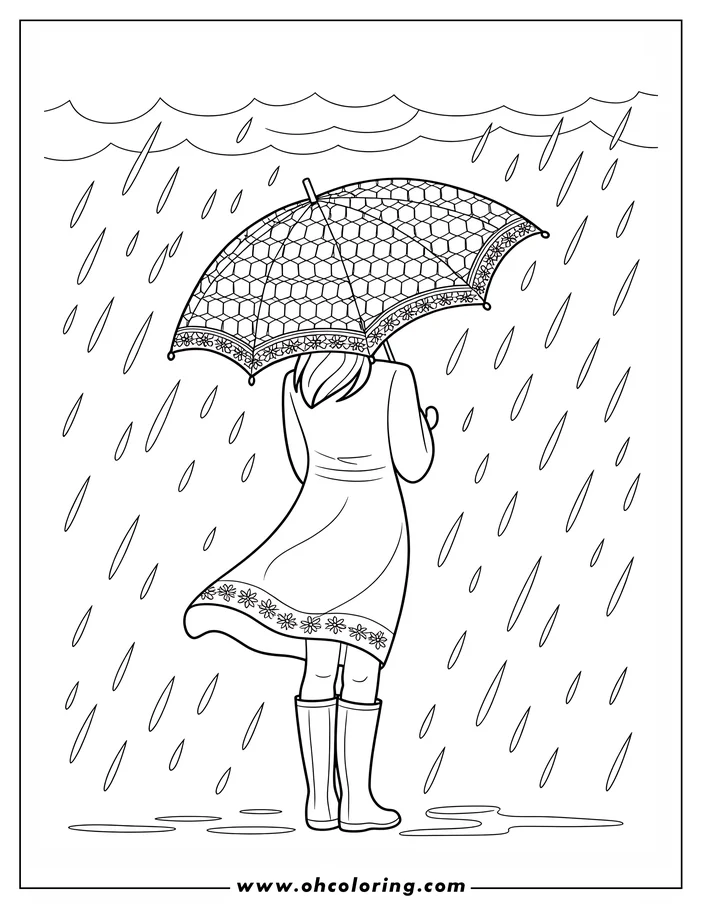 Line art of a girl holding an umbrella in the rain. She wears rain boots and a dress with floral details. Puddles are visible on the ground.