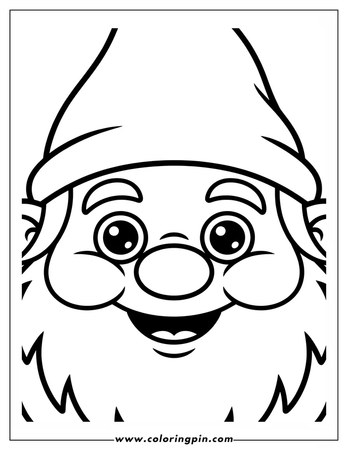 Line art of a smiling gnome's face. The gnome wears a pointed hat and has a large, friendly smile.