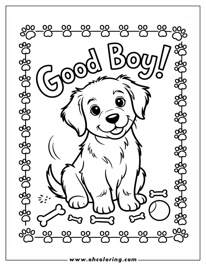 Line art of a Golden Retriever puppy sitting with dog bones and a ball at its feet. Paw prints decorate the border.