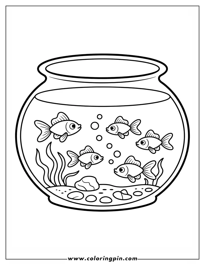 Four goldfish swimming in a fishbowl with rocks, seaweed, and bubbles.