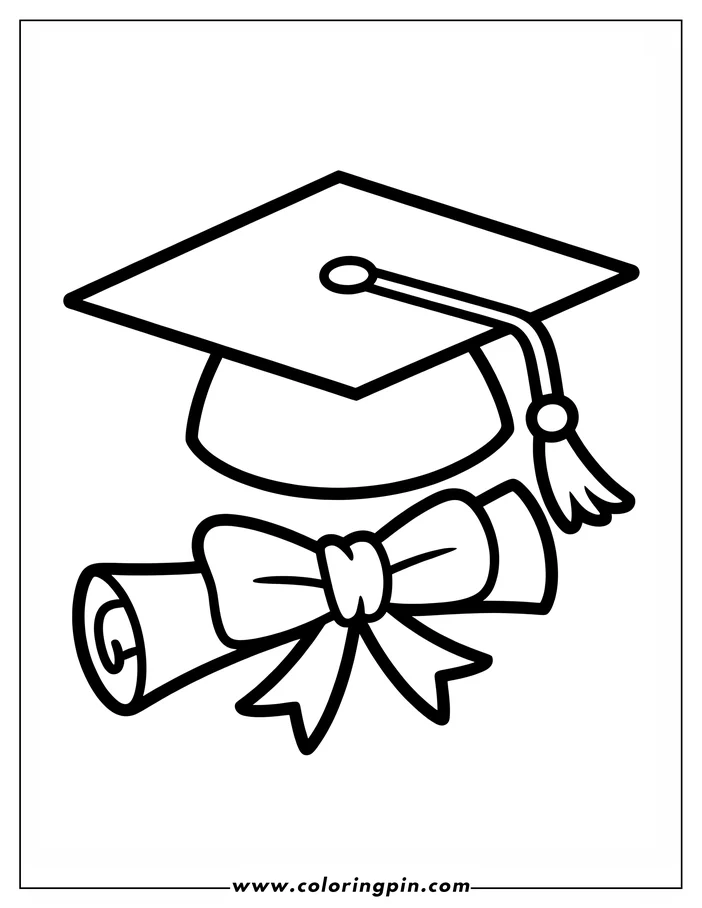 Line drawing of a graduation cap with tassel and a diploma tied with a bow.