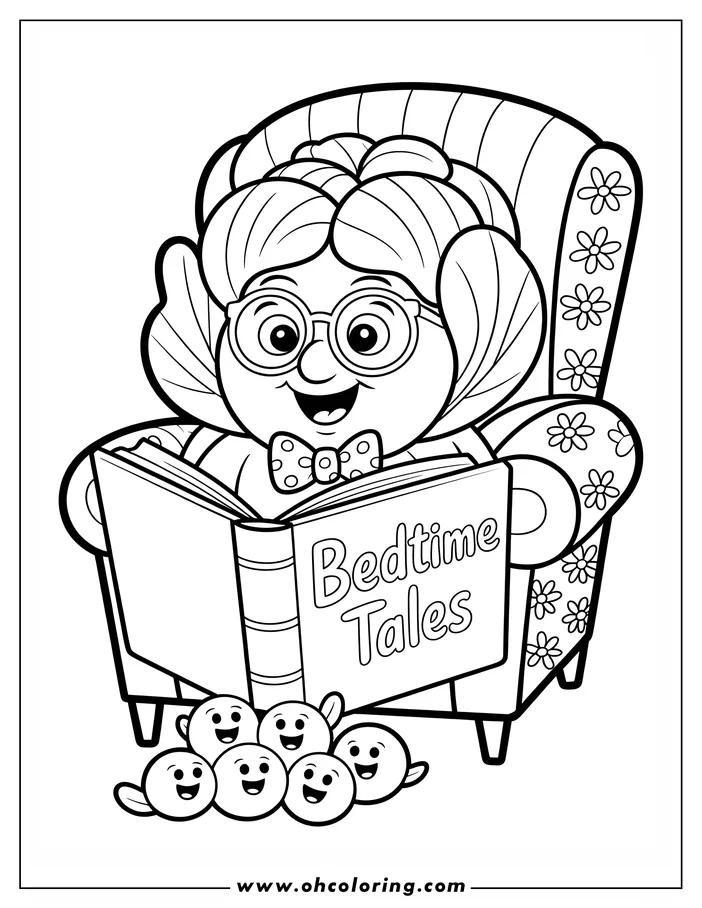 Line art of a grandma wearing glasses and a bow tie, sitting in a floral armchair and reading a book titled "Bedtime Tales" to a group of smiling blueberries. This is a coloring sheet design ready for printing and coloring.