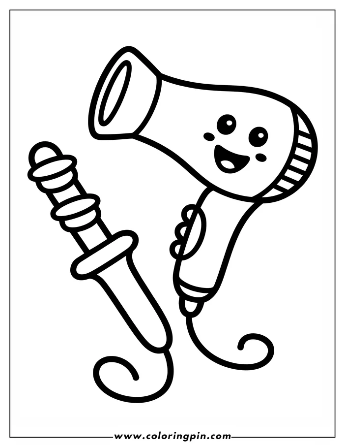 Line art of a hair dryer with a smiling face and a curling iron.