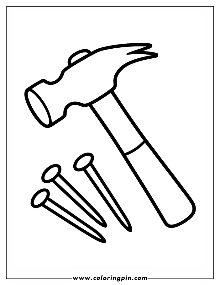 Line art of a hammer and three nails positioned for coloring.