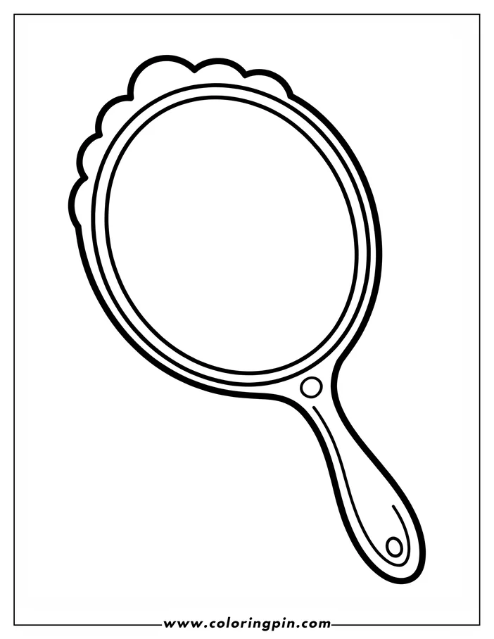 Line art of a hand mirror with a scalloped edge and handle.