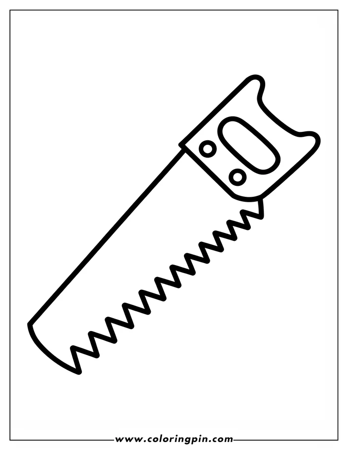 Line art of a hand saw with a serrated blade and a handle with two holes.