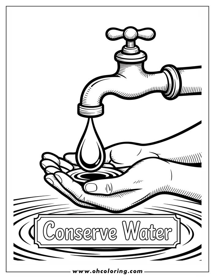 Line art of two hands cupped together, catching a drop of water from a vintage-style faucet. Ripples spread across the cupped hands and the water below, emphasizing the theme of water conservation.  A sign reading 'Conserve Water' floats atop the ripples. This image is designed as a coloring sheet, promoting awareness about saving water.