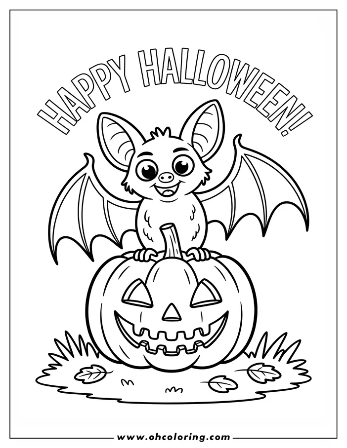 A cheerful, cartoon bat with outstretched wings perched on a jack-o'-lantern for a Halloween coloring page. The carved pumpkin sits on a patch of grass with fallen leaves.