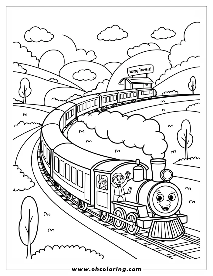 Line art of a happy train with two waving people in the engine car, traveling along a winding track through hills. A sign reads 'Happy Travels!'.