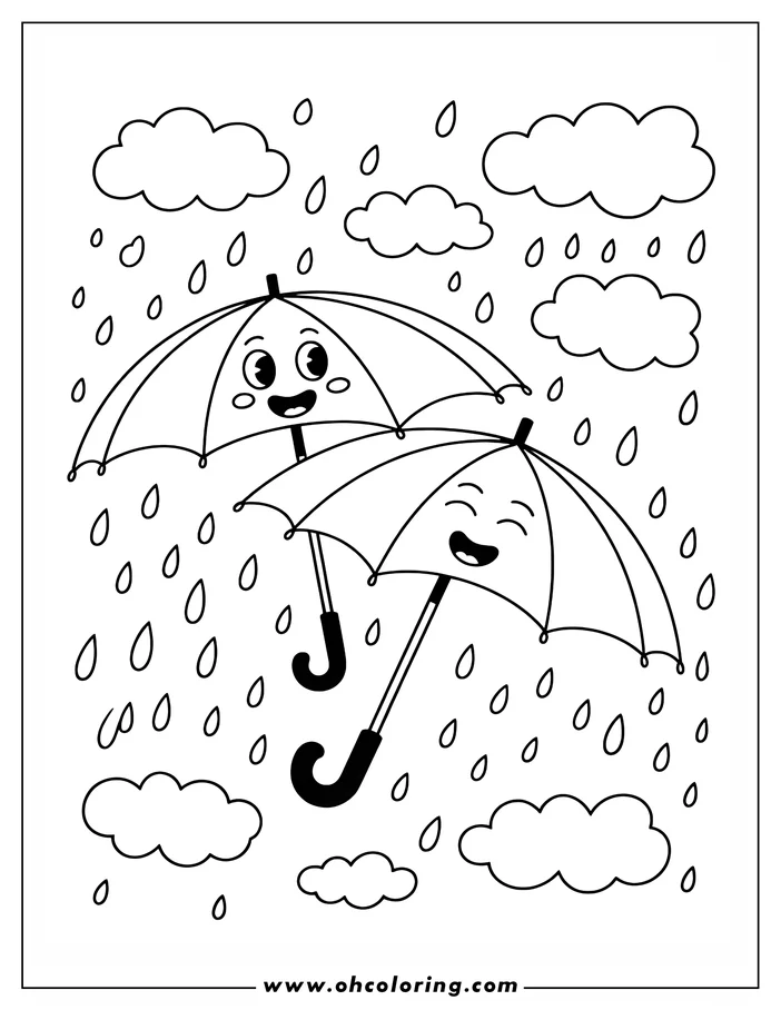 Line art of two happy umbrellas with smiling faces floating in the rain, surrounded by raindrops and clouds.