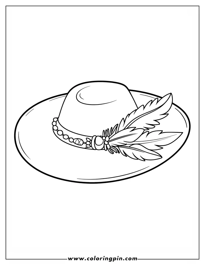 Line art of a wide-brimmed hat decorated with feathers and beads.