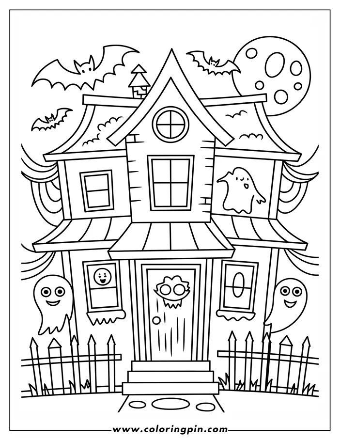 Outline of a haunted house decorated with ghosts and bats, with a moon in the background. Perfect for Halloween coloring.