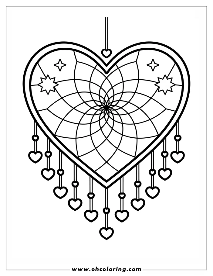 Line art of a heart-shaped dreamcatcher.  The center of the heart features a geometric, swirling line design with star shapes.  Dangling from the heart are strings with heart shapes attached, creating a charming coloring sheet design.